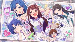  &gt;_&lt; 5girls @_@ arms_up bandaid blue_hair brown_eyes brown_hair closed_mouth coat commentary_request dress game_cg green_eyes hands_on_own_head hat heart high_heels idolmaster idolmaster_million_live! idolmaster_million_live!_theater_days intravenous_drip kasuga_mirai kitazawa_shiho long_hair looking_at_viewer multiple_girls name_tag nanao_yuriko nurse nurse_cap official_alternate_costume official_art open_mouth outline pill pill_bottle scissors short_hair smile syringe tanaka_kotoha third-party_source toyokawa_fuka tripping white_coat white_dress white_outline 