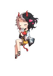  1girl animal_ears animal_print black_hair chibi chibi_only commentary_request cow_ears cow_girl cow_horns cow_print cow_tail dairi frilled_shorts frills full_body haori horns japanese_clothes large_variant_set multicolored_hair red_horns red_sandals red_tail sandals short_hair shorts solo split-color_hair tachi-e tail touhou transparent_background two-tone_hair ushizaki_urumi variant_set yellow_shorts 