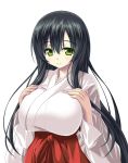  1girl breasts green_hair hand_on_breast huge_breasts japanese_clothes large_breasts long_hair looking_down miko smile white_background yellow_eyes 