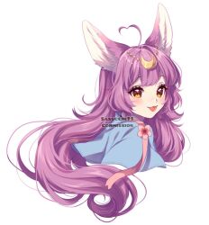  1girl :3 ahoge animal_ears artist_name artysaur blue_shirt blush brown_eyes center-flap_bangs circlet closed_mouth commentary commission cropped_shoulders english_commentary flower fox_ears fox_girl gold_circlet heart heart_ahoge kitsune_cafe long_hair looking_at_viewer looking_back pink_flower sasucchi95 shirt simple_background smile solo tongue tongue_out very_long_hair virtual_youtuber watermark wavy_hair white_background 