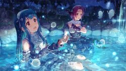  2girls ahoge black_dress blue_hair breasts brown_eyes commentary_request detached_sleeves dress fingerless_gloves game_cg ghost gloves hairband idolmaster idolmaster_million_live! idolmaster_million_live!_theater_days lens_flare light_particles long_hair miura_azusa multiple_girls night official_alternate_costume official_alternate_hair_color official_art open_mouth outdoors pink_hair short_hair sitting tanaka_kotoha third-party_source water wet wet_clothes 