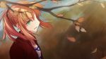  1girl autumn autumn_leaves blonde_hair braid fate/apocrypha fate_(series) french_braid green_eyes jacket jewelry long_hair necklace ponytail saber_of_red scrunchie solo tubetop tusia 