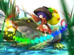  1girl barefoot bowl cheungchz feet_in_water frog hat highres japanese_clothes mallet minigirl needle open_mouth purple_hair riding short_hair smile soaking_feet sukuna_shinmyoumaru touhou violet_eyes water 