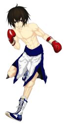  1boy abs bad_id bad_pixiv_id bellsettybellsetty blue_eyes boxing boxing_gloves boxing_shorts brown_hair clenched_teeth facing_viewer full_body high_tops muscular muscular_male original running shoes shorts simple_background sneakers teeth 