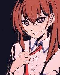  1girl belt black_pantyhose black_shorts breast_pocket breasts brown_hair clenched_teeth clothes_grab collared_shirt hair_between_eyes hair_over_shoulder leather_belt long_hair looking_at_viewer makise_kurisu moshimoshibe necktie necktie_grab neckwear_grab no_jacket pantyhose parted_lips pocket purple_trim red_necktie ringed_eyes science_adventure shirt shorts small_breasts solo steins;gate teeth undoing_own_necktie upper_body violet_eyes white_belt white_shirt 