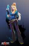  1girl blonde_hair blue_eyes boots breasts claire_fox cleavage copyright_name cropped_jacket fingerless_gloves gloves hand_on_hip high_ponytail ice_crystal jeans lips long_hair multiple_belts nail_polish official_art solo taut_clothes taut_shirt tencent_qq xuan_dou_zhi_wang 