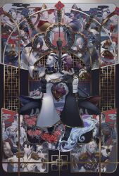  2boys :p absurdres armor azu_(a23da0317) bell black_background black_capelet black_hair black_hat black_pants black_robe black_shirt black_skin black_vest black_vs_white blue_hair border braid bridge capelet changpao chinese_armor chinese_clothes chrysanthemum_print closed_mouth closed_umbrella colored_skin curtained_hair domino_mask epaulettes expressionless eyewear_strap facial_tattoo facing_away fan_wujiu fan_wujiu_(broken_blossoms) fan_wujiu_(far_east_wind) fan_wujiu_(flying_guillotine) fan_wujiu_(requiem) feet_out_of_frame fingernails floral_print flower glasses gold_armor gold_trim grey_background grey_border grey_skin grin hair_slicked_back hand_up hands_up hat high_ponytail highres holding holding_bell huadian identity_v lattice long_hair long_sleeves looking_to_the_side male_focus mask mitre multicolored_hair multicolored_skin multiple_boys multiple_views object_floating_above_hand official_alternate_costume oil-paper_umbrella outside_border own_hands_clasped own_hands_together pants parted_bangs pointy_ears ponytail popped_collar profile purple_skin red_background red_eyes red_flower red_hair robe round_eyewear sharp_fingernails shirt short_hair shoulder_armor sideways_glance single_braid sleeve_cuffs smile smoke solid_eyes spider_lily standing standing_on_liquid streaked_hair suspenders symmetrical_hand_pose symmetrical_pose symmetry tangzhuang tattoo tongue tongue_out two-tone_skin umbrella upper_body vambraces vest violet_eyes white_hair white_hat white_robe white_shirt white_skin white_vest xiao_guan_(headdress) xie_bian xie_bian_(broken_blossoms) xie_bian_(far_east_wind) xie_bian_(flying_guillotine) xie_bian_(requiem) yellow_capelet yellow_eyes 
