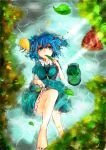  1girl autumn_leaves bare_legs barefoot blue_eyes blue_hair breasts cucumber eating food_in_mouth hair_bobbles hair_ornament hat hat_removed headwear_removed kawashiro_nitori key knee_up looking_at_viewer lying on_back paguningen partially_submerged short_hair skirt_hold solo touhou twintails water 