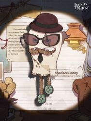  absurdres annoyed armchair artist_request black-framed_eyewear black_necktie blue_eyes bowler_hat brown-tinted_eyewear brown_hat bulletin_board buttons chair character_name closed_mouth commentary copyright_name crossed_arms curtains english_commentary english_text floating frown gloves hat highres indoors infinity_nikki lamp logo necktie nikki_(series) no_humans official_art piecey scar scar_across_eye scar_on_face scarface_benny_(infinity_nikki) scroll second-party_source solo sunglasses tinted_eyewear vignetting white_gloves 