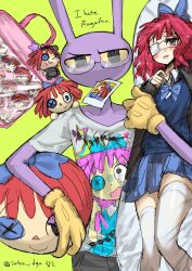  1boy bespectacled black_eyes character_print colored_sclera colored_skin cowboy_shot dakimakura_(object) english_text furrowed_brow furry furry_male glasses gloves grey_pants hashtag-only_commentary highres holding holding_pillow holding_stuffed_toy itabag jax_(the_amazing_digital_circus) male_focus mouth_hold no_pupils pants photo_(object) pillow pink_bag purple_skin rabbit_boy ragatha_(the_amazing_digital_circus) shirt short_sleeves simple_background solo standing stuffed_toy t-shirt the_amazing_digital_circus white_shirt wktmqtj yellow_background yellow_gloves yellow_sclera 