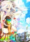  1girl bad_leg bird blue_eyes braid breasts building cleavage clouds gears highres ia_(vocaloid) isagot long_hair single_thighhigh sitting sky smile solo stairs thigh-highs torn_thighhighs twin_braids vocaloid 