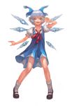  1girl absurdres blue_dress blue_eyes blue_hair bow catsila cirno dress flat_chest hair_bow highres ice ice_wings mary_janes puffy_short_sleeves puffy_sleeves ribbon shoes short_hair short_sleeves socks solo touhou v_over_eye white_background wings 