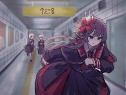  3girls armband black_dress black_hair black_serafuku black_shoes crown dress exit_sign flower hair_flower hair_ornament highres hime_cut long_hair magical_girl mahou_shoujo_no_majo_saiban multiple_girls necktie nikaidou_hiro pink_hair red_armband red_eyes red_flower red_necktie runa_(runa7733) running sakuraba_ema school_uniform serafuku shoes sign socks subway_station tactile_paving tearing_up the_exit_8 tile_wall tiles tsukishiro_yuki very_long_hair white_hair white_socks 