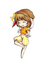  1girl animal_ears barefoot blonde_hair chibi chibi_only commentary_request dairi dango flat_cap floppy_ears food full_body hat holding large_variant_set midriff navel orange_shirt pants parody rabbit_ears ringo_(touhou) shirt skewer solo style_parody tachi-e touhou transparent_background variant_set wagashi 