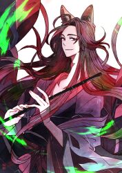  1boy absurdres ahoge animal_ears artist_name aura black_hair black_hanfu black_sash brown_hair chenqing_flute chinese_clothes closed_mouth coat colored_smoke dizi fire floating_hair flute fox_boy fox_ears fox_tail green_fire grey_coat hair_down half_updo hanfu highres holding holding_flute holding_instrument instrument kemonomimi_mode kitsune kyuubi long_hair long_sleeves looking_at_viewer male_focus modao_zushi multiple_tails off_shoulder official_alternate_costume official_alternate_hairstyle open_clothes open_coat red_eyes red_sash robe sash simple_background smile smoke solo tail transverse_flute upper_body vam217 very_long_hair wei_wuxian wei_wuxian_(yiling_laozu) white_background wide_sleeves 