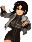  1girl black_hair breasts brown_eyes clenched_hands cropped_jacket cross dress earrings fingerless_gloves genderswap gloves jewelry king_of_fighters kusanagi_kyou large_breasts long_hair lowres short_dress slender_waist solo steward_b turtleneck 