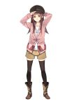  1girl adjusting_clothes adjusting_hat black_legwear blush boots brown_eyes brown_hair ebisugawa_kaisei hao_(patinnko) hat highres jewelry long_hair necklace pendant shorts simple_background solo sweater thighhighs uchouten_kazoku white_background 