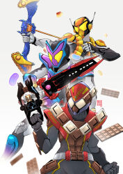  3boys artist_name belt bow_(weapon) candy chocolate chocolate_bar clenched_hand drawing_bow food gavvgablade gochizo gummy_candy gun highres holding holding_bow_(weapon) holding_gun holding_sword holding_weapon kamen_rider kamen_rider_gavv kamen_rider_gavv_(series) kamen_rider_valen kamen_rider_vram male_focus mie_kari multiple_boys pudding sword tokusatsu valenbuster vrambreaker weapon 