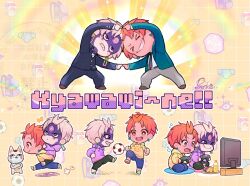  &gt;_&lt; 2boys ball black_jacket black_pants blue_jacket bottle brown_eyes carrying closed_mouth commentary_request controller crossed_arms dandadan dragon_ball dragon_ball_z dual_persona earrings enjoji_jin evil_eye_(dandadan) full_body fusion_dance gakuran game_controller grey_pants grin holding holding_controller holding_game_controller hood hoodie jacket jewelry kami_high_school_uniform looking_at_another maneki-neko multiple_boys necktie open_clothes open_jacket open_mouth pants piggyback playing_sports pomeko possessed purple_hoodie red_hair school_uniform seiza short_hair sitting smile soccer soccer_ball standing third_eye turbo_granny_(dandadan) watching_television yellow_hoodie 