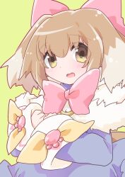  1girl animal_ears blue_capelet blue_dress bow_alma brown_eyes brown_hair capelet dog_ears dog_girl dog_tail dress emil_chronicle_online fur_capelet green_background hair_ribbon neck_ribbon open_mouth pink_ribbon ribbon solo tail yusa_yuyu 