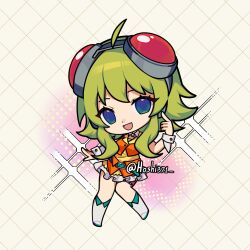  1girl :d ahoge arm_at_side bare_shoulders belt blue_eyes boots chibi chibi_only commentary detached_collar dress english_commentary flipped_hair full_body gem goggles goggles_on_head green_belt green_hair gumi hair_between_eyes highres hoshi371 knee_boots knees_together_feet_apart looking_at_viewer medium_hair miniskirt open_mouth orange_skirt orange_vest petticoat pointing pointing_at_self red_gemstone short_dress sidelocks simple_background skirt smile solo standing standing_on_one_leg tongue twitter_username vest vocaloid white_boots wristband yellow_background yellow_dress 
