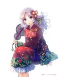  1girl blush brown_eyes flower hair_ornament japanese_clothes kimono long_hair original silver_hair smile solo wavy_hair yakka 