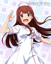  1girl @_@ arm_up brown_eyes brown_hair commentary_request dress floating_hair game_cg hat idolmaster idolmaster_million_live! idolmaster_million_live!_theater_days long_hair looking_at_viewer name_tag nurse nurse_cap official_art open_mouth short_sleeves solo standing tanaka_kotoha third-party_source wavy_mouth white_dress 