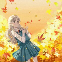  1girl 22/7 blue_skirt blue_vest braid closed_mouth falling_leaves feet_out_of_frame grey_eyes grey_hair highres leaf light_smile long_hair long_sleeves maple_leaf nagamine_kaede orange_background parted_bangs pleated_skirt red_leaf shirt side_braid single_braid skirt skirt_set solo standing uwuvppeofftjdpl vest white_shirt yellow_leaf 