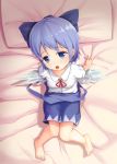  1girl arm_support bed_sheet blue_eyes blue_hair blush bow cirno from_above hair_bow looking_at_viewer looking_up open_mouth oukatihiro pillow ribbon short_hair solo touhou 