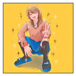  1boy :d black_socks blue_sandals blue_skirt blush brown_hair closed_eyes collared_shirt commentary_request crossdressing crossdressing_(mtf) full_body futsunonakawa futsuu_no_keion-bu long_hair long_sleeves male_focus name_tag pleated_skirt red_sweater sandals school_uniform shirt skirt slides smile socks solo sparkle squatting sweater swept_bangs takami_kouki trap v white_shirt yellow_background 