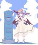  1girl alternate_costume bat_wings blue_hair blush dress hat highres letter looking_at_viewer mailbox red_eyes remilia_scarlet see-through_silhouette short_hair short_sleeves solo sun_hat sundress takahero touhou wings 