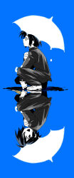  1boy black_hair blue_background boxcutter commentary_request different_reflection dripping gakuran highres holding holding_boxcutter holding_umbrella looking_at_viewer male_focus orochi_moko randal&#039;s_friends reflection school_uniform short_hair simple_background squatting tsukada_satoru umbrella 