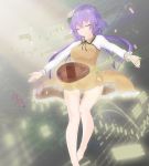  1girl barefoot biwa_lute closed_eyes flower hair_flower hair_ornament instrument long_hair lute_(instrument) musical_note purple_hair septet_(zrca_janne) smile solo touhou tsukumo_benben twintails 