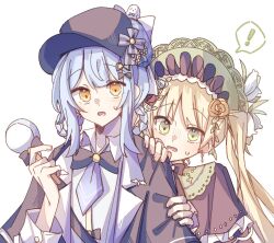  ! 2girls bird_hat_ornament black_bow black_capelet black_flower black_hat black_rose blonde_hair blue_hair blue_necktie bonnet bow braid braided_hair_rings capelet chiyo_(believe) deerstalker detective dress flower frilled_dress frilled_headwear frills green_eyes hair_rings hat hiding hiding_behind_another holding holding_another&#039;s_arm holding_magnifying_glass lolita_fashion long_hair looking_at_viewer magical_girl magnifying_glass mahou_shoujo_no_majo_saiban multiple_girls necktie open_mouth rose scared simple_background sweat tachibana_sherry too_many too_many_frills toono_hanna twintails upper_body very_long_hair white_background white_flower white_rose yellow_eyes yellow_flower yellow_rose 