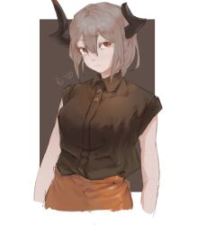  1girl absurdres arknights black_horns black_shirt broken_horn grey_hair hair_between_eyes highres horns mikon_sama orange_skirt red_eyes shirt short_hair sketch skirt sleeveless sleeveless_shirt solo vulcan_(arknights) 