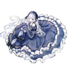  1girl absurdres bow dress empty_eyes frilled_dress frills full_body gothic_lolita hair_over_one_eye hairband headband highres kowai7305 lolita_fashion lolita_hairband long_hair looking_at_viewer magical_girl mahou_shoujo_no_majo_saiban messy_hair natsume_anan oversized_clothes polka_dot polka_dot_bow purple_dress purple_headband simple_background sleeves_past_fingers sleeves_past_wrists solo tied_sleeves very_long_hair violet_eyes white_background white_hair 