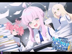  3girls ahoge ayumu_(blue_archive) blonde_hair blue_archive blue_necktie braid braided_bun breasts browning_hi-power forehead_jewel giga-tera gloves green_eyes green_halo green_horns gun hair_between_eyes hair_bun hair_ornament halo handgun highres holding holding_pen horns indoors kaya_(blue_archive) large_breasts long_hair momoka_(blue_archive) multiple_girls necktie paper_stack pen pink_hair pointy_ears sidelocks triangle_hair_ornament twintails very_long_hair weapon white_gloves yellow_halo 