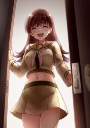  1girl absurdres breasts brown_hair closed_eyes doorway highres kantai_collection long_hair long_sleeves medium_breasts midriff miniskirt navel neckerchief nuka_(nvkka) ooi_(kancolle) ooi_kai_ni_(kancolle) open_mouth pleated_skirt pov_doorway round_teeth school_uniform serafuku skirt smile solo standing teeth upper_teeth_only white_neckerchief yellow_serafuku yellow_skirt 