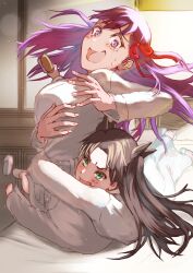  black_eyes blue_eyes commission fate/stay_night fate_(series) highres hug inugami86 long_hair matou_sakura on_bed open_mouth pajamas pixiv_commission purple_hair siblings sisters tohsaka_rin violet_eyes 