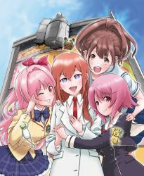  4girls arm_belt belt black_pantyhose black_shorts blazer blue_bow blue_skirt bow bowtie braid breast_pocket breasts brown_eyes brown_hair brown_jacket buttons chaos;child chaos;head chest_bow chuo_tanegashima_high_school_uniform collared_shirt cropped_jacket cropped_shirt double-breasted dress_shirt dress_vest gero-froggy get9 grin hair_between_eyes hair_bow hair_over_shoulder half_up_braid happy hekiho_academy_school_uniform high-waist_skirt high_ponytail highres jacket lab_coat lapels leather_belt long_sleeves makise_kurisu medium_breasts miniskirt multiple_girls necktie notched_lapels one_eye_closed one_side_up onoe_serika pantyhose phinx_(robotics;notes) pink_eyes pink_hair plaid_bow plaid_bowtie plaid_clothes plaid_necktie plaid_skirt pleated_skirt pocket ponytail ponytail_with_braided_base purple_bow purple_bowtie purple_skirt purple_trim red_bow red_necktie robotics;notes sailor_collar sakihata_rimi salute school_emblem school_uniform science_adventure senomiya_akiho shirt short_sleeves shorts skirt small_breasts smile steins;gate suimei_academy_school_uniform teeth tongue upa_(steins;gate) upper_teeth_only violet_eyes white_belt white_sailor_collar white_shirt 