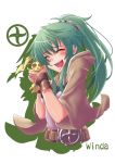  1girl :x character_name doll duel_monster green_hair hair_ornament jewelry kuroinu_(blackdog) necklace ponytail robe simple_background smile solo white_background winda_priestess_of_gusto yuu-gi-ou 
