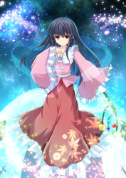  1girl black_hair bow bowtie branch commentary_request cross_(crossryou) frilled_shirt_collar frilled_skirt frilled_sleeves frills hand_up holding holding_branch houraisan_kaguya jeweled_branch_of_hourai leaf_print light_blush light_particles light_smile long_hair long_skirt long_sleeves looking_at_viewer maple_leaf_print pink_shirt red_eyes red_skirt shirt skirt solo touhou white_bow white_bowtie 