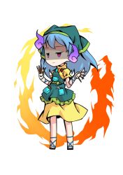  1girl apron aqua_apron arm_ribbon between_fingers blue_hair blue_ribbon chibi chibi_only chisel commentary_request dairi dress fire full_body green_headscarf haniyasushin_keiki headscarf holding jewelry large_variant_set long_hair magatama magatama_necklace necklace puffy_short_sleeves puffy_sleeves ribbon sandals short_sleeves solo tachi-e touhou transparent_background variant_set 