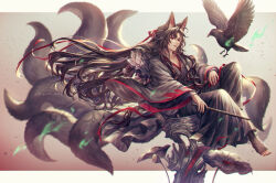  1boy ahoge animal_ears ashes aura barefoot bird black_bird black_hair black_hanfu black_socks chair chenqing_flute chinese_clothes coat crow dizi fire floating_clothes floating_hair flower flute flute_tassel fox_boy fox_ears fox_tail full_body green_fire grey_coat hair_down hair_ribbon half_updo hand_on_own_thigh hanfu highres holding holding_flute holding_instrument instrument kemonomimi_mode kitsune knee_up kyuubi long_hair long_sleeves looking_at_viewer lotus lotus_leaf lotus_pod male_focus modao_zushi multiple_tails official_alternate_costume official_alternate_hairstyle on_chair open_clothes open_coat parted_lips red_eyes red_ribbon red_sash ribbon robe sash shigaraki_(strobe_blue) sitting smile socks solo tail tassel toeless_legwear transverse_flute twitter_username very_long_hair wei_wuxian wei_wuxian_(yiling_laozu) wide_sleeves wooden_chair 