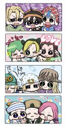  &gt;_&lt; 4girls 6+boys beanie black_eyes black_hair blonde_hair blue_eyes blush_stickers boyoyoyooooonn braid braided_bun brown_eyes brown_hair closed_eyes commentary_request diego_brando double_bun dreadlocks ermes_costello facial_hair foo_fighters_(jojo) green_eyes green_hair guido_mista gyro_zeppeli hair_bobbles hair_bun hair_ornament hair_through_headwear hat headband heart higashikata_josuke_(jojolion) highres hirose_yasuho johnny_joestar jojo_no_kimyou_na_bouken jojolion kujo_jolyne long_hair looking_at_viewer low_twintails mamezuku_rai multicolored_hair multiple_boys multiple_girls narancia_ghirga necktie no_mouth open_mouth pannacotta_fugo pink_hair puff_of_air pushing_away sailor_collar sailor_hat sharp_teeth short_hair smile steel_ball_run stone_ocean sweater teeth translation_request twin_braids twintails ushanka v v-shaped_eyebrows vento_aureo violet_eyes 