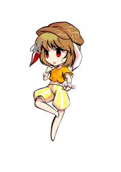  1girl animal_ears barefoot blonde_hair chibi chibi_only commentary_request dairi dango flat_cap floppy_ears food full_body hat holding large_variant_set midriff orange_shirt pants parody rabbit_ears ringo_(touhou) shirt skewer solo style_parody tachi-e touhou transparent_background variant_set wagashi 