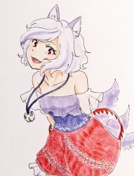  1girl animal_ears bare_shoulders bear_trap commentary_request dog_ears dog_girl dog_tail extra_ears fang highres jewelry looking_at_viewer mitsugashira_enoko multicolored_hair open_mouth pendant purple_hair rainbow_print red_eyes red_skirt short_hair simple_background skirt smile solo streaked_hair tail touhou traditional_media white_background white_hair yamazaki_makoto_na 