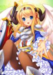  1girl 47agdragon angel_wings blue_eyes blush brown_legwear demon_girl dress female horns long_hair long_sleeves open_mouth original outstreched_arm pantyhose smile solo sword weapon wings 