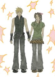  1boy 1girl aerith_gainsborough alternate_costume animal_print bare_shoulders belt black_boots black_choker black_nails black_vest blonde_hair blue_eyes boots braid braided_ponytail breasts brown_boots brown_hair choker clerithfication cloud_strife couple crossed_belts final_fantasy final_fantasy_vii full_body green_eyes green_nails green_shirt grey_pants hair_between_eyes hair_ribbon hetero highres holding_hands jewelry leopard_print light_blush light_smile long_hair medium_breasts nail_polish necklace pants pants_under_skirt parted_bangs pink_ribbon print_skirt ribbon shirt short_hair short_sleeves sidelocks simple_background single_braid skirt spiky_hair star_(symbol) star_necklace studded_belt t-shirt torn_clothes torn_pants vest 