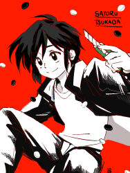  1boy black_hair black_jacket boxcutter commentary_request gakuran holding holding_boxcutter jacket male_focus open_clothes open_jacket orochi_moko randal&#039;s_friends red_background school_uniform short_hair simple_background smile solo tsukada_satoru 